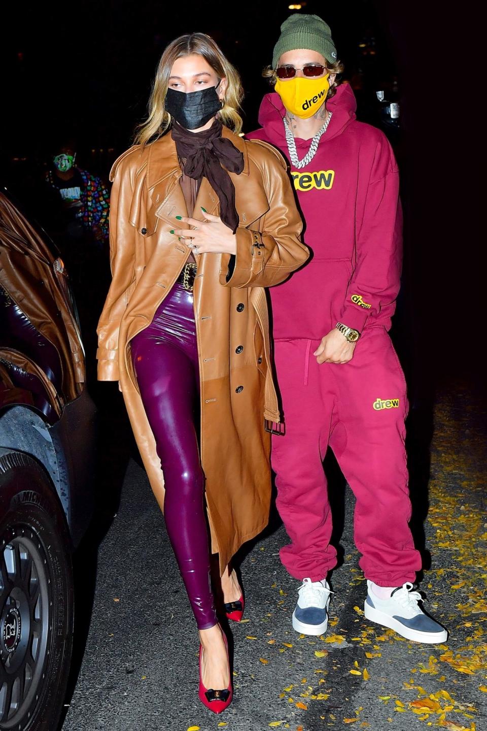 <p>Justin Bieber and Hailey Baldwin head to dinner in colorful outfits in N.Y.C. on Thursday. </p>