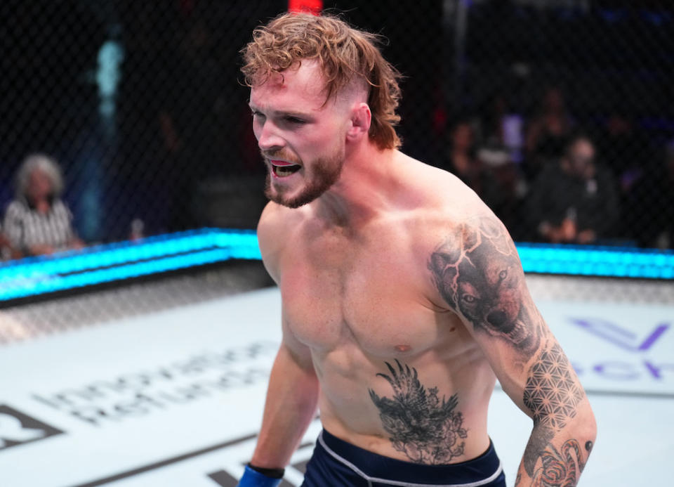 LAS VEGAS, NEVADA – AUGUST 22: Zachary Reese reacts after his submission victory over Eli Aronov of Israel in a middleweight fight during Dana White’s Contender Series season seven, week three at UFC APEX on August 22, 2023 in Las Vegas, Nevada. (Photo by Chris Unger/Zuffa LLC via Getty Images)