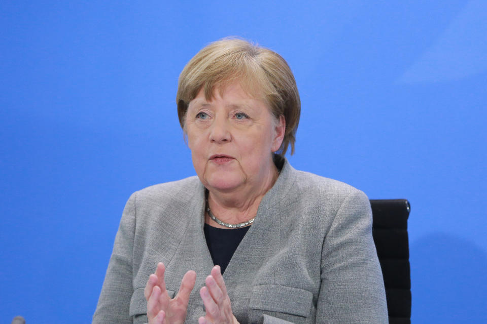 BERLIN, GERMANY - APRIL 15: German Chancellor Angela Merkel informs the press about the latest measures of the government in the fight against the COVID-19 pandemic following a video conference with the leaders of the German federal states in the Chancellery on April 16, 2020 in Berlin, Germany. Merkel announced first steps in undoing coronavirus restrictions that have plunged the economy into a recession, with most shops allowed to open although schools must stay closed until May 4. (Photo by Christian Marquardt - Pool/Getty Images)