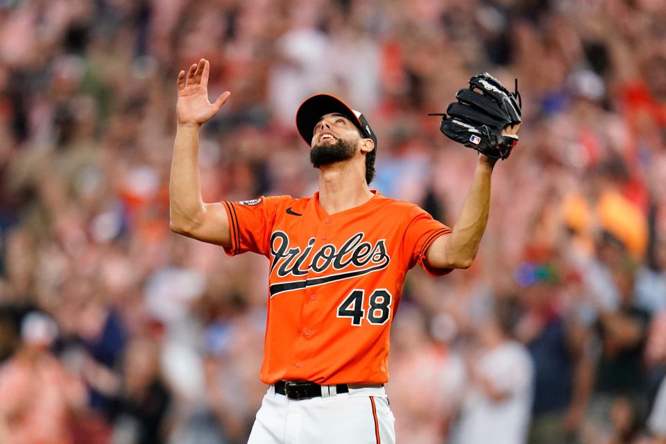 Baltimore Orioles relief pitcher Jorge Lopez reacts after recording a save against the Los Angeles Angels during a baseball game, Saturday, July 9, 2022, in Baltimore. The Orioles won 1-0. (AP Photo/Julio Cortez)