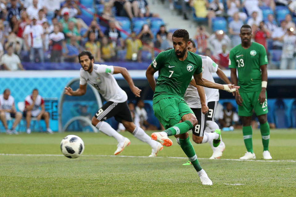 <p>Saudi Arabia this time get it right from 12 yards as Al Faraj keeps his composure </p>