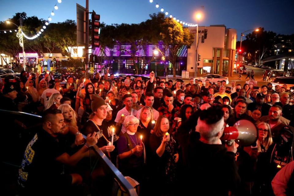 los angeles, ca   november 20 people gather to attend a candlelight vigil along santa monica blvd in front of roccos on sunday, nov 20, 2022 in los angeles, ca city leaders and community organizations hold a candlelight vigil in solidarity with the lgbtq community of colorado springs, colorado, where at least five people were shot to death at a nightclub late saturday gary coronado  los angeles times via getty images