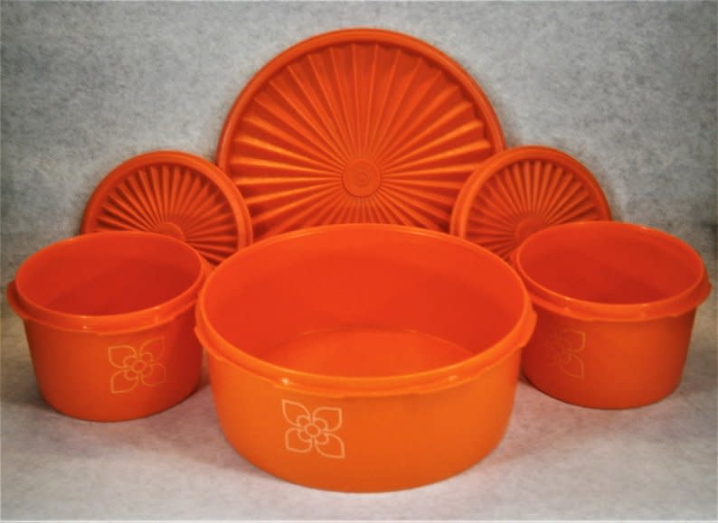 The Servalier range is among the most popular vintage lines Photo: <a href="https://www.etsy.com/au/listing/679677347/g846-vintage-set-of-three-bright-orange?ga_order=most_relevant&ga_search_type=all&ga_view_type=gallery&ga_search_query=tupperware+servalier&ref=sc_gallery-1-5&plkey=a3d8c028b930b64f0160a751dc2faa6aaf551aef%3A679677347" rel="nofollow noopener" target="_blank" data-ylk="slk:Etsy;elm:context_link;itc:0;sec:content-canvas" class="link ">Etsy</a>