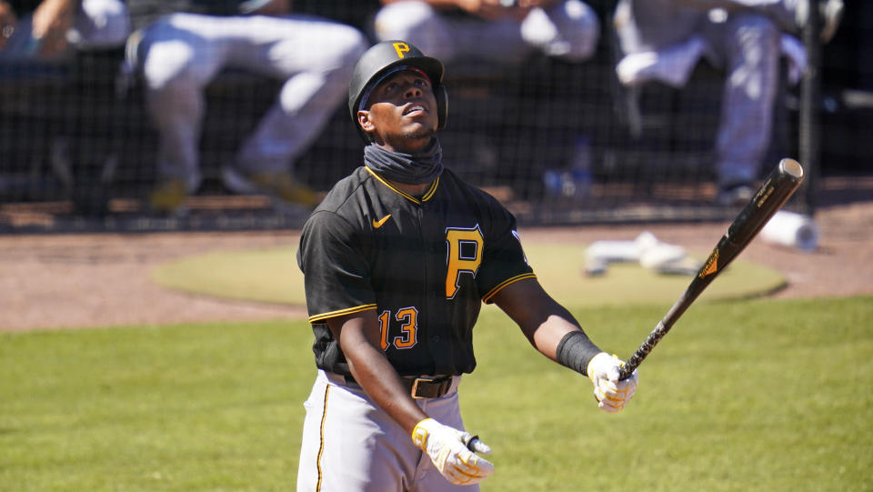 Pittsburgh Pirates' Ke'Bryan Hayes bats during a spring training exhibition baseball game against the New York Yankees in Tampa, Fla., Saturday, March 13, 2021. (AP Photo/Gene J. Puskar