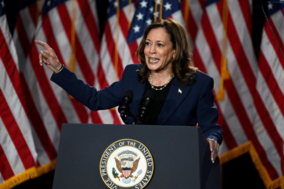 Harris’s campaign is linking Donald Trump to a widely dereded far-right blueprint for a Republican presidential administration. (REUTERS)