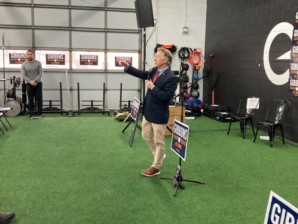 U.S. Sen. Rand Paul, R-Ky., speaks at a gym in Maineville, Ohio on Friday to endorse Mike Gibbons in the Ohio Republican primary to replace Sen. Rob Portman.