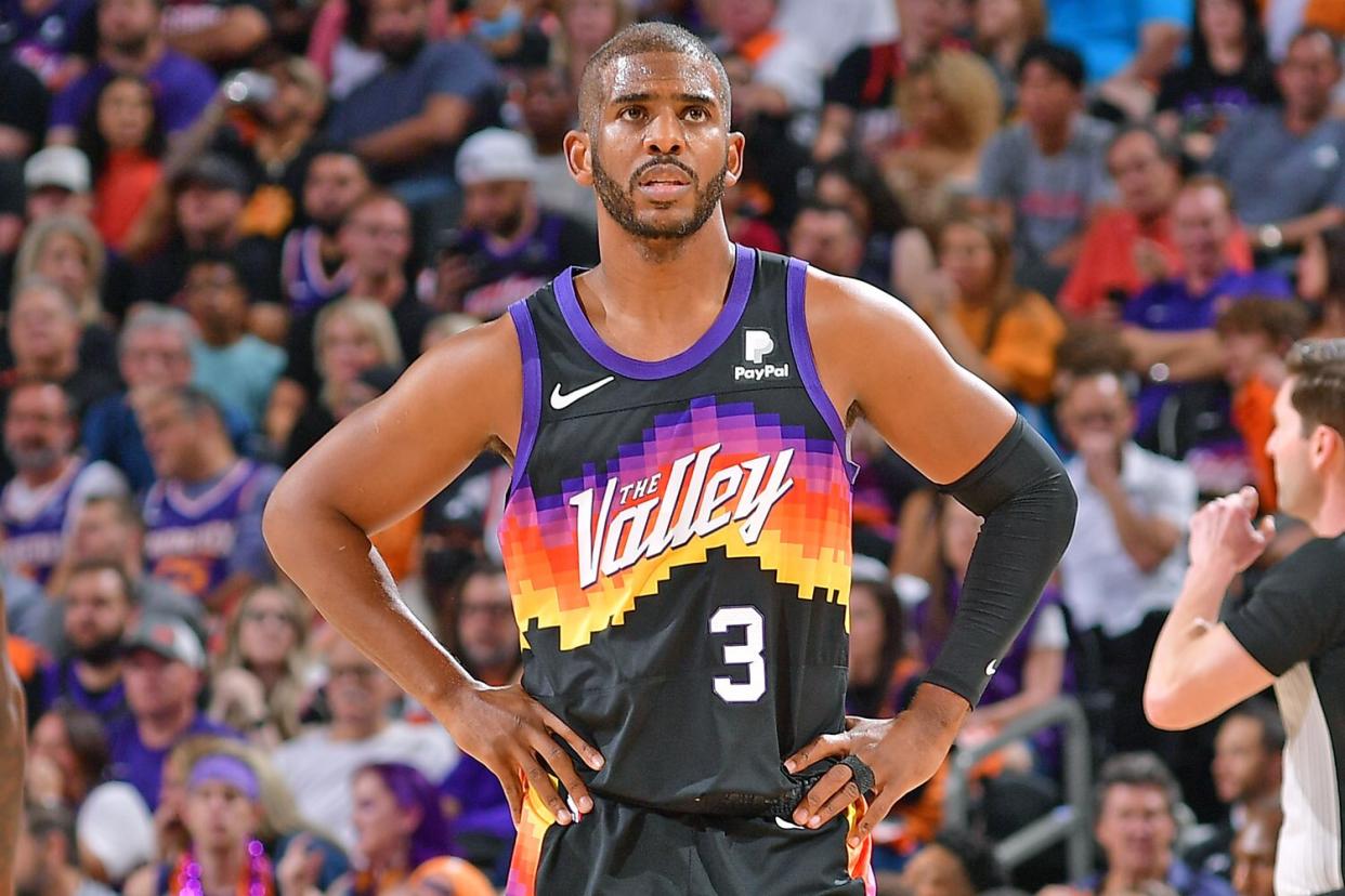 PHOENIX, AZ - MAY 4: Chris Paul #3 of the Phoenix Suns looks on during Game 2 of the 2022 NBA Playoffs Western Conference Semifinals against the Dallas Mavericks on May 4, 2022 at Footprint Center in Phoenix, Arizona. NOTE TO USER: User expressly acknowledges and agrees that, by downloading and or using this photograph, user is consenting to the terms and conditions of the Getty Images License Agreement. Mandatory Copyright Notice: Copyright 2022 NBAE (Photo by Michael Gonzales/NBAE via Getty Images)