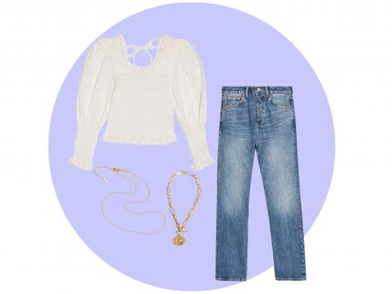 Straight leg jeans (Topshop, £39), shirred top (Topshop, £25), medallion pendant necklace (& Other Stories, £29), chain necklace (Missoma, £55)