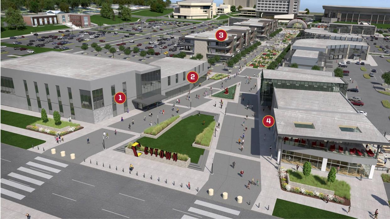 A numbered rendering depicts the buildings that are expected to be the first to open as early as fall 2025 in the pictured CYTown entertainment district to be north of Jack Trice Stadium in Ames, Iowa. No. 1 is a medical clinic, 2) retail and office space, 3) 20 luxury apartments with retail space on the first floor, and 4) a restaurant/brew pub.