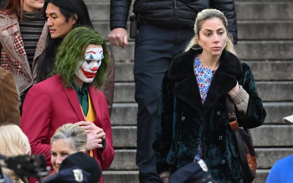 Lady Gaga on set with a Joker stand-in - James Devaney/GC Images