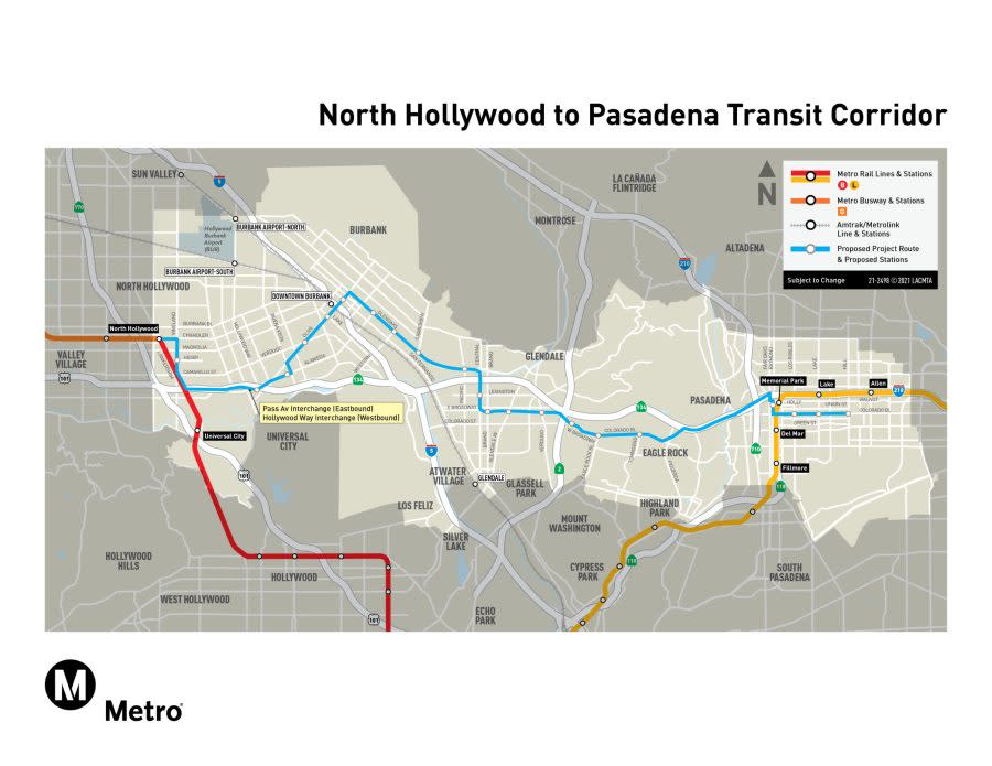 Map of the proposed route to be utilized by the North Hollywood to Pasadena Transit Corridor. (LA Metro)