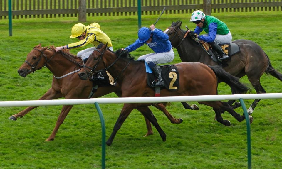 <span>Pretty Crystal just gets the better of Dance Sequence in the Nell Gwyn Stakes at Newmarket.</span><span>Photograph: Alan Crowhurst/Getty Images</span>