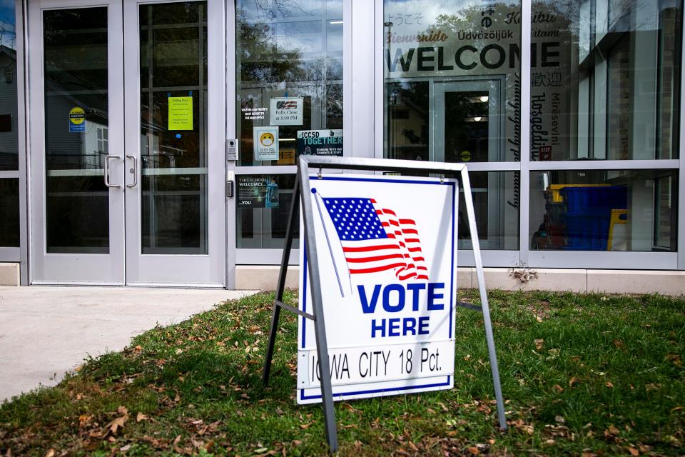 A sign at Iowa City Precinct 18 is seen on Election Day for city and school board elections, Tuesday, Nov. 2, 2021, at Longfellow Elementary School in Iowa City, Iowa.