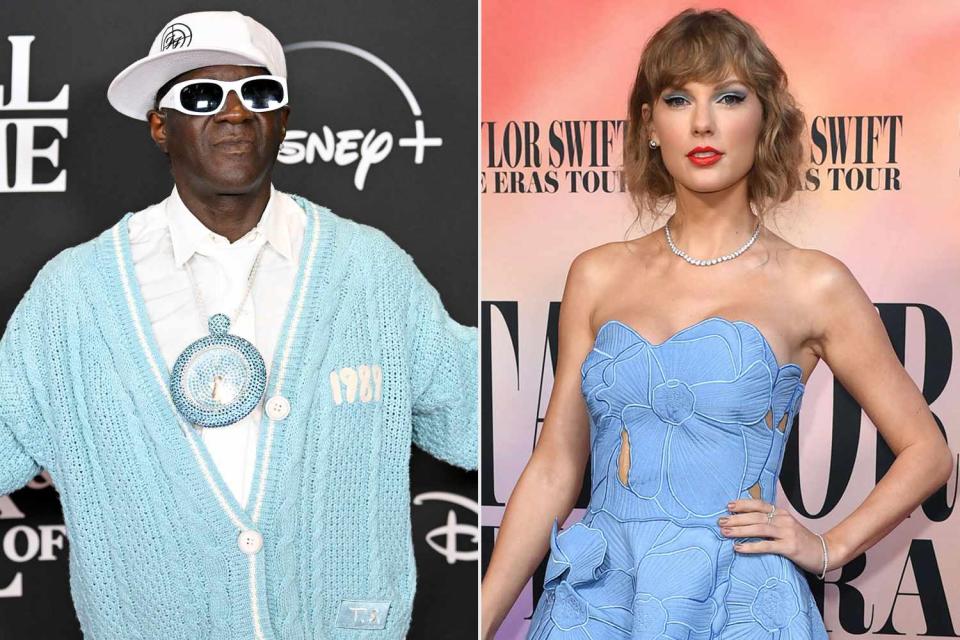 <p>Bryan Bedder/Penske Media via Getty; VALERIE MACON/AFP via Getty</p> Flavor Flav, Taylor Swift