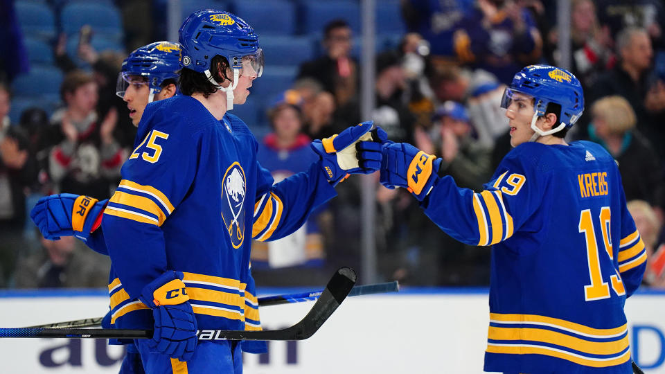 Owen Power, left, and Peyton Krebs, right, are two of the Sabres' most exciting young players.  (Photo by Ben Green/NHLI via Getty Images)