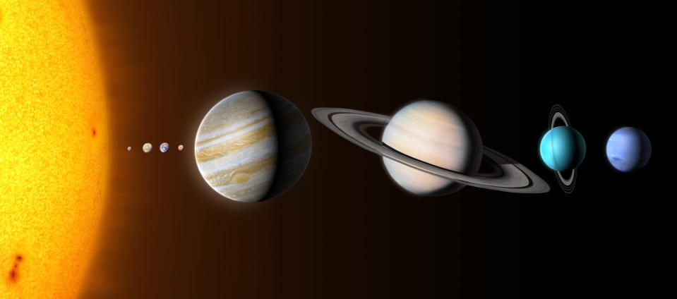 diagram showing the planets of the solar system to scale