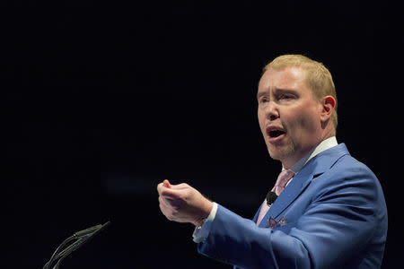 FILE PHOTO: Jeffrey Gundlach, chief executive and chief investment officer of DoubleLine Capital, speaks during the Sohn Investment Conference in New York May 4, 2015. REUTERS/Brendan McDermid/File Photo