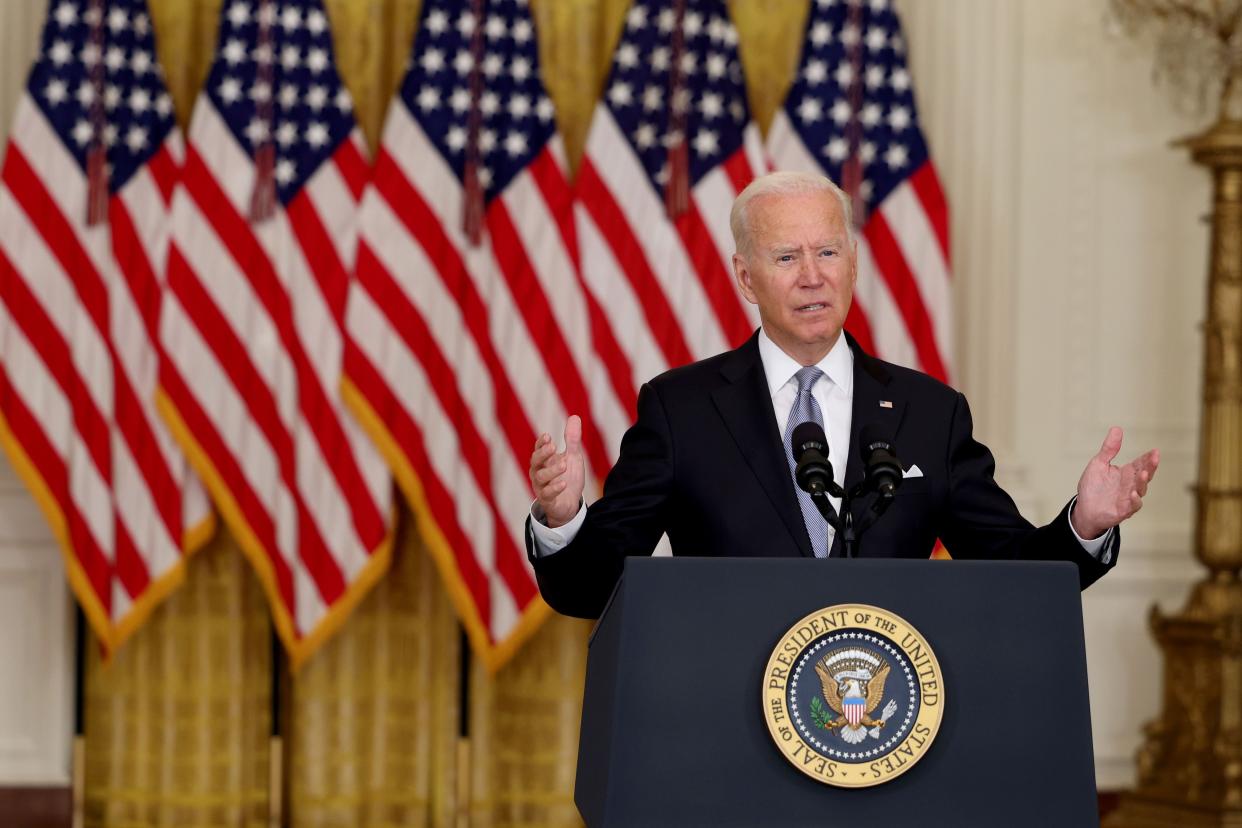 President Joe Biden gestures as he gives remarks on the worsening crisis in Afghanistan from the East Room of the White House on Aug. 16, 2021, in Washington, DC. Biden cut his vacation in Camp David short to address the nation as the Taliban have seized control in Afghanistan two weeks before the U.S. is set to complete its troop withdrawal after a costly two-decade war.