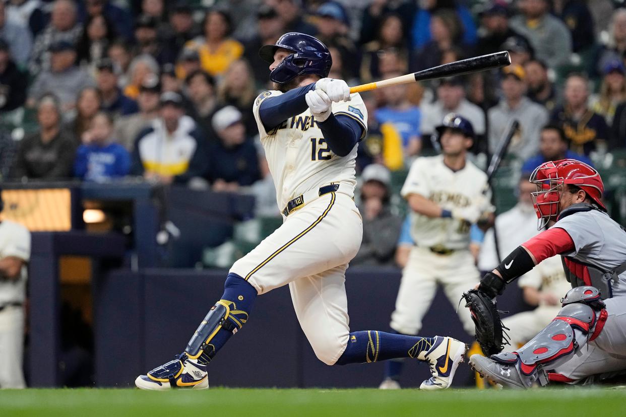 Brewers first baseman Rhys Hoskins belts a two-run home run during the first inning against the Cardinals on Thursday at American Family Field.