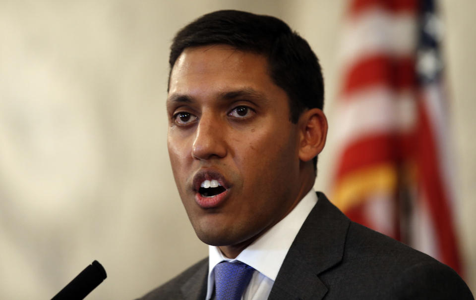 U.S. Agency for International Development Administrator Rajiv Shah speaks at an event to celebrate the 5th Birthday and Beyond coalition, Wednesday, June 25, 2014, on Capitol Hill in Washington. The coalition, comprised of more than 150 businesses, NGOs, faith-based, civic and philanthropic organizations, met to celebrate America’s global leadership for improving the health of children. (AP Photo/Alex Brandon)