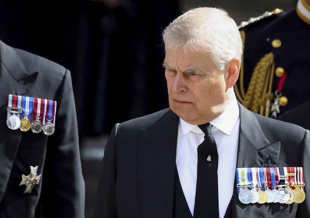 FILE - Britain's Prince Andrew attends the state funeral and burial of Britain's Queen Elizabeth, in London, Monday Sept. 19, 2022. King Charles III will hope to keep a lid on those tensions when his royally blended family joins as many as 2,800 guests for the new king’s coronation on May 6 at Westminster Abbey. All except Meghan, the Duchess of Sussex, who won’t be attending. (Hannah Mckay/Pool Photo via AP, File)