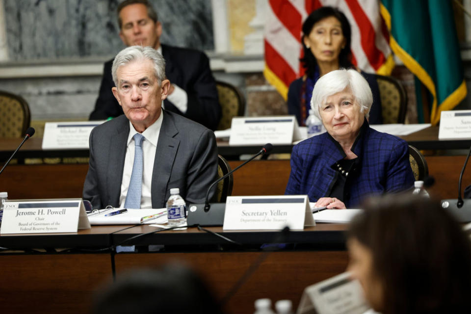 U.S. Federal Reserve Board Chairman Jerome Powell and U.S. Treasury Secretary Janet Yellen listen during a meeting with the Treasury Department's Financial Stability Oversight Council at the U.S. Treasury Department on October 03, 2022 in Washington, DC.<span class="copyright">Anna Moneymaker-Getty Images</span>