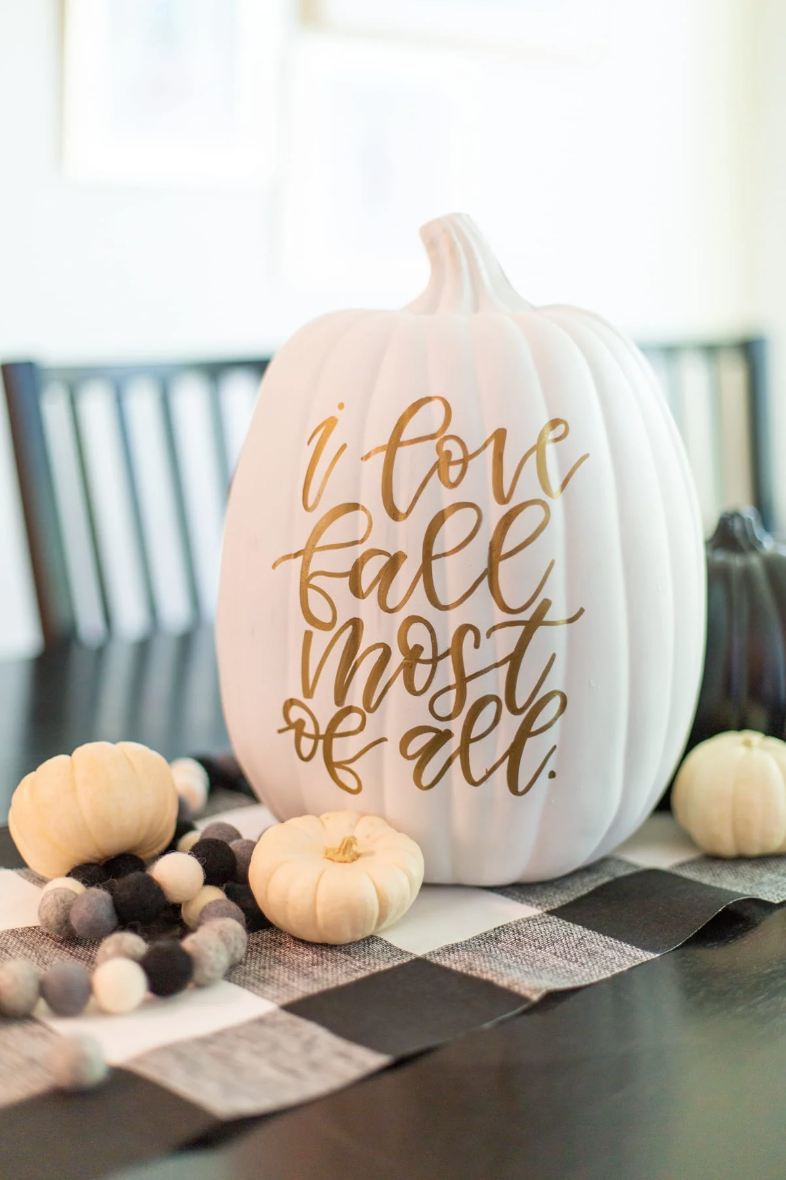 halloween centerpieces white hand lettered pumpkin