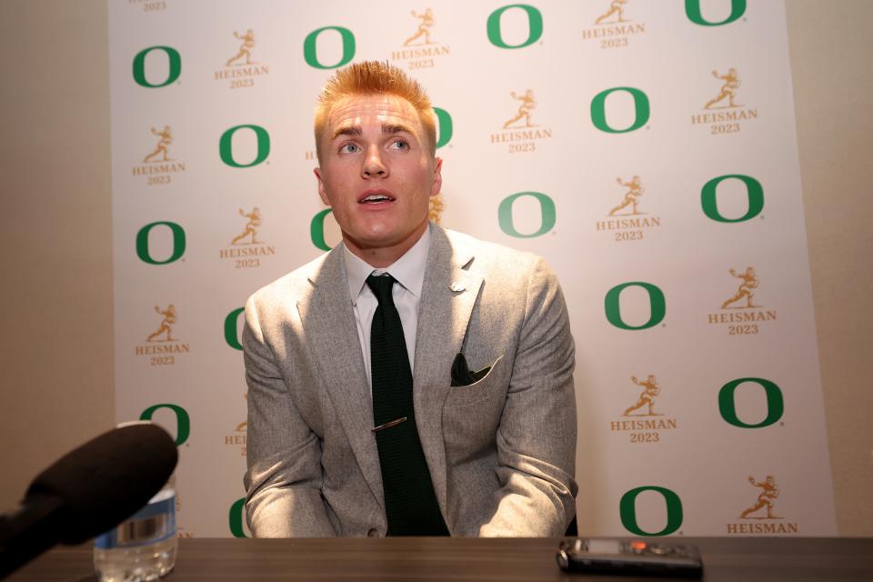 Oregon Ducks quarterback Bo Nix speaks to the media during a press conference in the Astor ballroom at the New York Marriott Marquis before the presentation of the Heisman Trophy Dec 9, 2023, in New York.