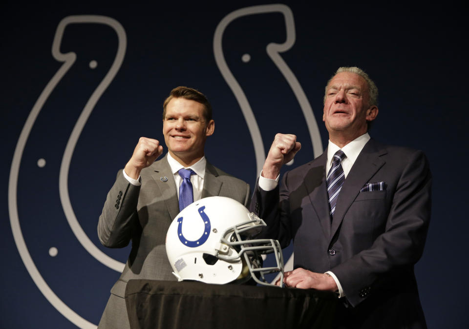 The Colts' Chris Ballard (L) has a solid reputation as a general manager dealing with coaches. Team owner Jim Irsay presents challenges. (AP) 