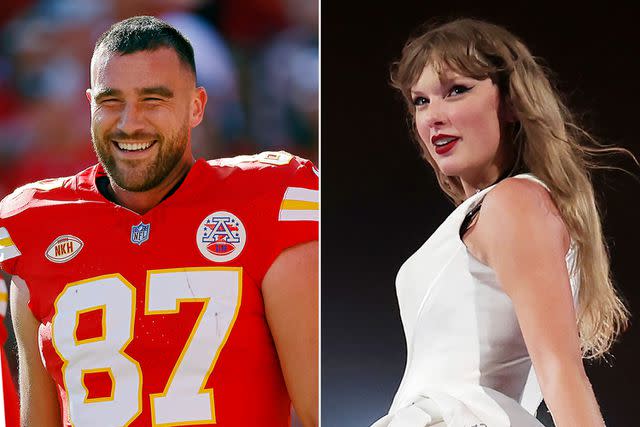 <p>David Eulitt/Getty, Kevin Mazur/TAS24/Getty</p> Travis Kelce and Taylor Swift at the Eras Tour in Paris in May 2024