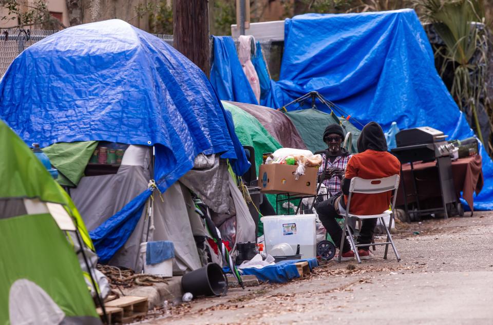 After the clearing of a homeless camp at nearby Paisley Lynch Dog Park, tents began popping up on a sidewalk across the street on Southeast Fourth Place in Gainesville, Fla.