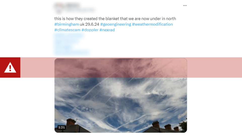 Screenshot of a tweet saying "this is how they created the blanket that we are now under in north Birmingham", along with the hashtags #Geoengineering and #WeatherModification. It also shows a photo of cloudy skies with vapor trails left behind by planes.