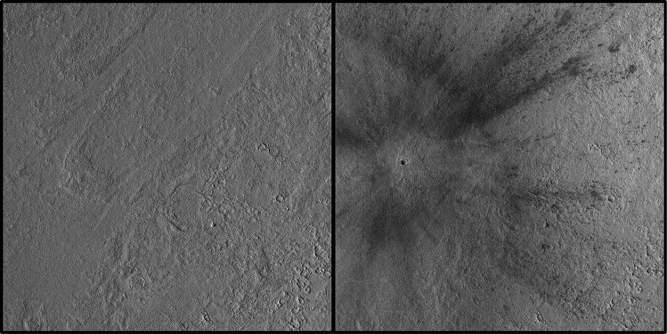 The impact crater was discovered using the black-and-white Context Camera aboard NASA’s Mars Reconnaissance Orbiter. The camera took these before-and-after images of the impact, which occurred Dec. 24, 2021, in a region of Mars called Amazonis Planitia.
