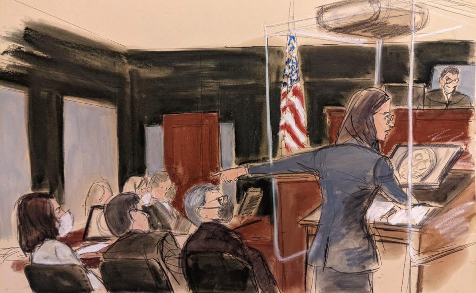 US Attorney Lara Pomerantz gives her opening prosecution statement while pointing to defendant Ghislaine Maxwell (AP)