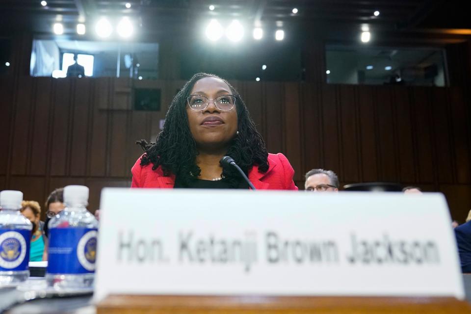 Supreme Court nominee Ketanji Brown Jackson testifies during her Senate Judiciary Committee confirmation hearing on Capitol Hill in Washington, Tuesday, March 22, 2022.