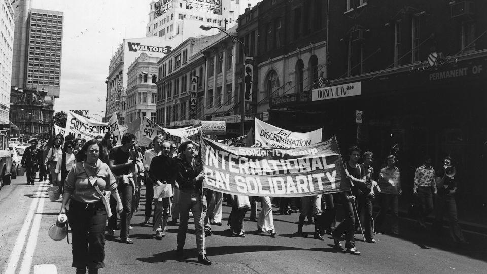 LGBTQ+ activists demonstrate in what would evolve into the Sydney Gay and Lesbian Mardi Gras, 1978. - The Sydney Morning Herald/Fairfax Media via Getty Images