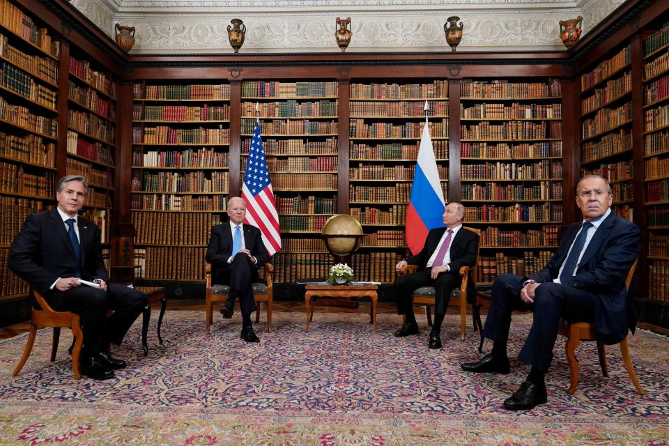 President Joe Biden and Secretary of State Antony Blinken, left, meet with Russian President Vladimir Putin and Foreign Minister Sergey Lavrov, at the 'Villa la Grange', June 16, 2021, in Geneva, Switzerland.