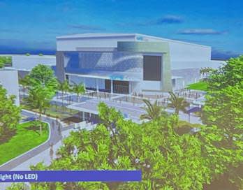 Rendering of a metal golf arena planned to open January 2025 on the Palm Beach State College campus in Palm Beach Gardens, Fla.