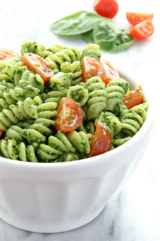 <p>Baked By Rachel</p><p>Pesto sauce made out of fresh spinach gives this salad flavor and vibrant color.</p><p><strong>Get the recipe:</strong> <strong><a href="https://www.bakedbyrachel.com/spinach-pesto-pasta-salad/" rel="nofollow noopener" target="_blank" data-ylk="slk:Spinach Pesto Pasta Salad;elm:context_link;itc:0;sec:content-canvas" class="link ">Spinach Pesto Pasta Salad</a></strong></p>