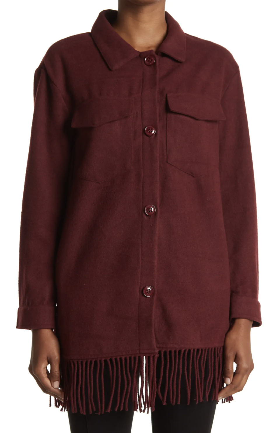 burgundy Laundry by Shelli Segal Fringe Shacket with fringe at bottom