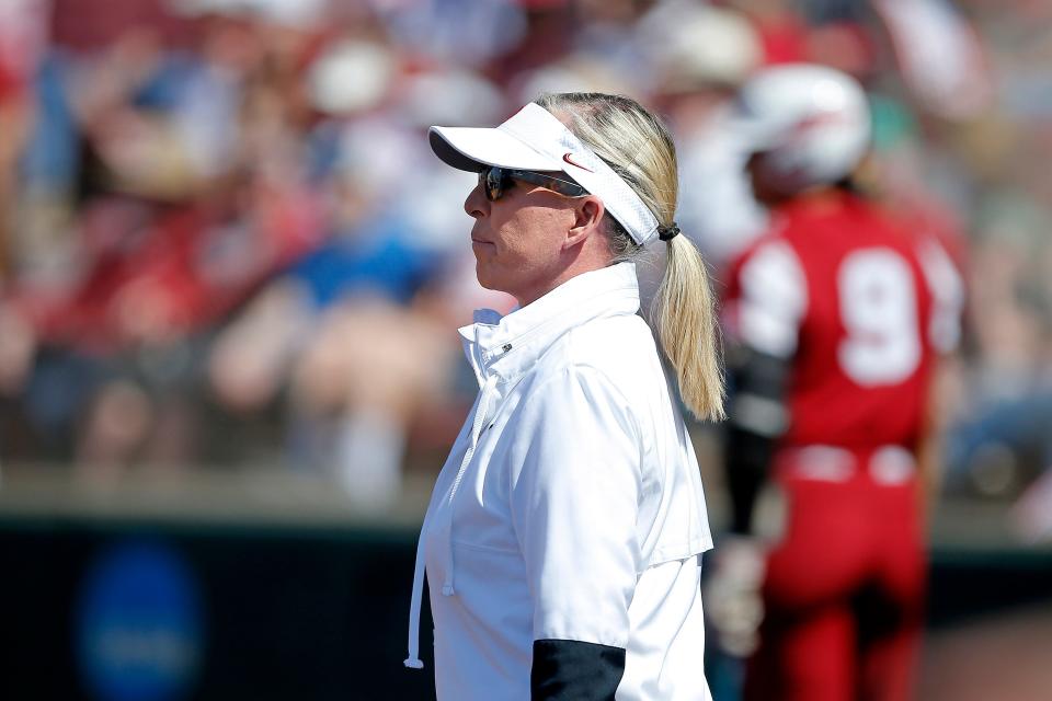 OU softball coach Patty Gasso reacts during an 8-0 win against Baylor on Saturday.