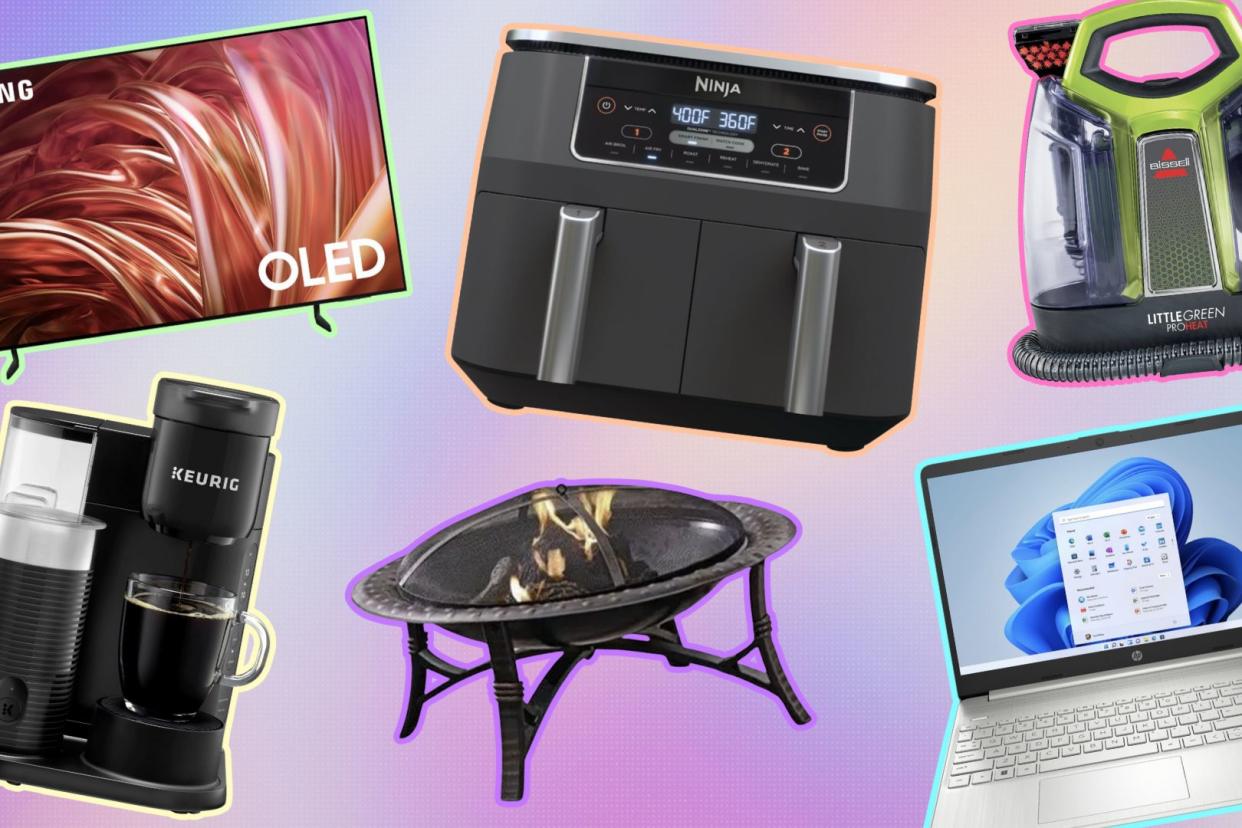 anti prime day deals: a samsung tv, a keurig coffee machine, a fire pit, a ninja air fryer, a laptop, a bissell