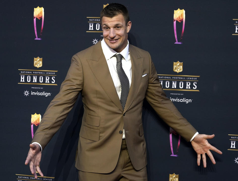 FILE - Rob Gronkowski arrives for the NFL Honors in Inglewood, Calif., on Feb. 10, 2022. The four-time Super Bowl winner will host a music festival called “Gronk Beach” in Phoenix on Saturday, Feb. 11, 2023, a day ahead of the Super Bowl. (AP Photo/Marcio Jose Sanchez, File)