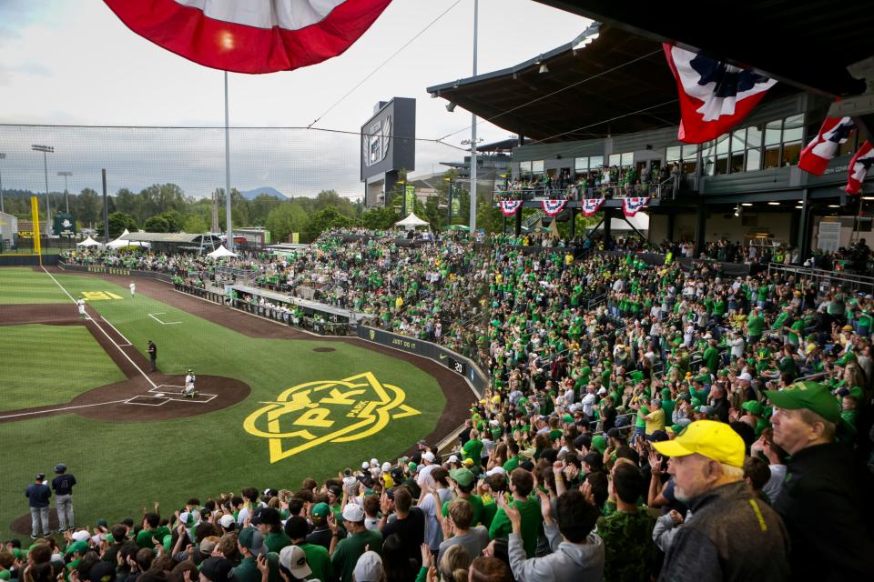Fans pack PK Park to capacity as the Oregon Ducks defeated Oral Roberts University 9-8 in the first game of a best of three NCAA Super Regional series in Eugene, Ore. Friday, June 9, 2023. 