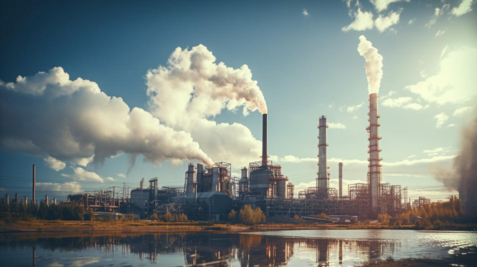 An industrial oil and gas plant, with stacks of pipes issuing steam into the sky.