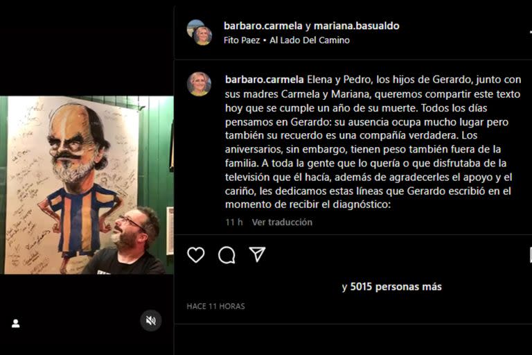 Revelaron las palabras de Gerardo Rozín al enterarse de su diagnóstico (Captura Instagram @barbaro.carmela/ @mariana.basualdo)