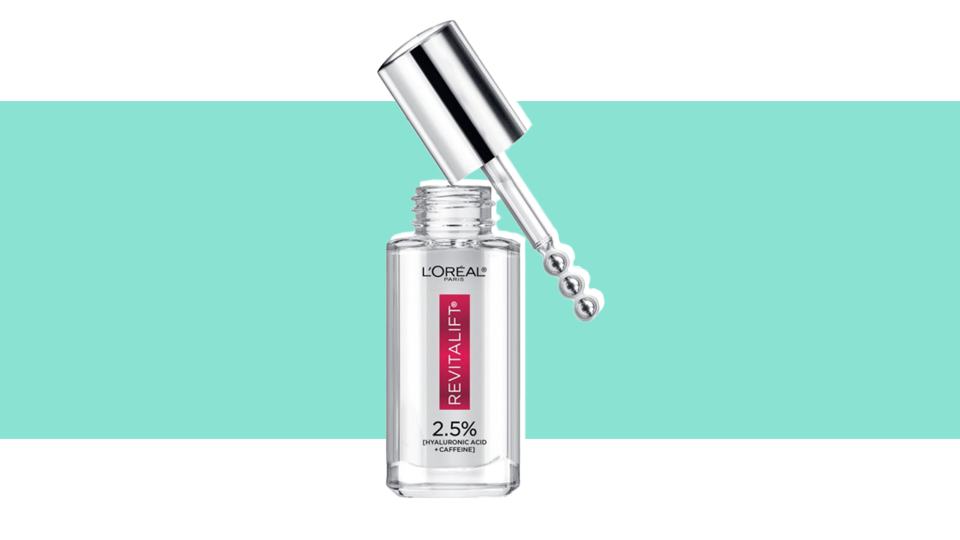 Relieve puffy under eyes with the Revitalift 2.5% Hyaluronic Acid + Caffeine Under Eye Serum from L’Oréal Paris.