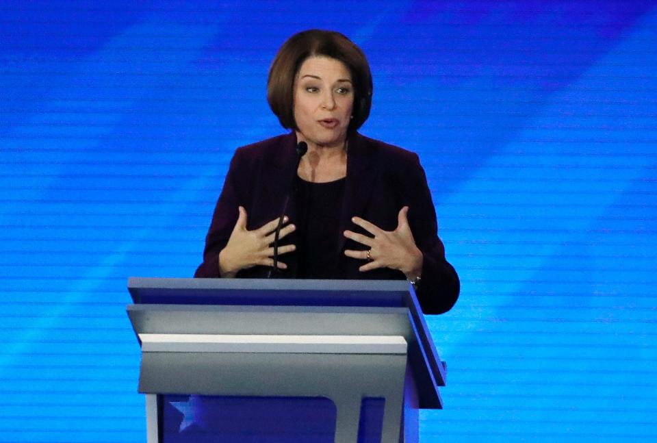 Democratic presidential candidate Sen. Amy Klobuchar, D-Minn., speaks during a Democratic presidential primary debate, Friday, Feb. 7, 2020, hosted by ABC News, Apple News, and WMUR-TV at Saint Anselm College in Manchester, N.H. (AP Photo/Elise Amendola)