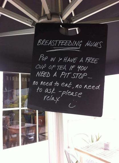 In July, blogger Mama Bean wrote a blog post about a sign that hangs outside a café in the U.K. She described why the sign made her so happy. "In the U.K., it's illegal to discriminate against a breastfeeding mother, but this café has taken the idea of acceptance to a whole new level. They are waving the flag, raising a glass (of milk) and supporting breastfeeding with cute smileys and magical words like relax," she wrote. Readers agreed, and Mama Bean's post went viral. <a href="http://www.huffingtonpost.com/mama-bean/british-cafe-offers-breastfeeding-mothers-a-pit-stop_b_5585731.html" target="_blank">You can read it here</a>. 
