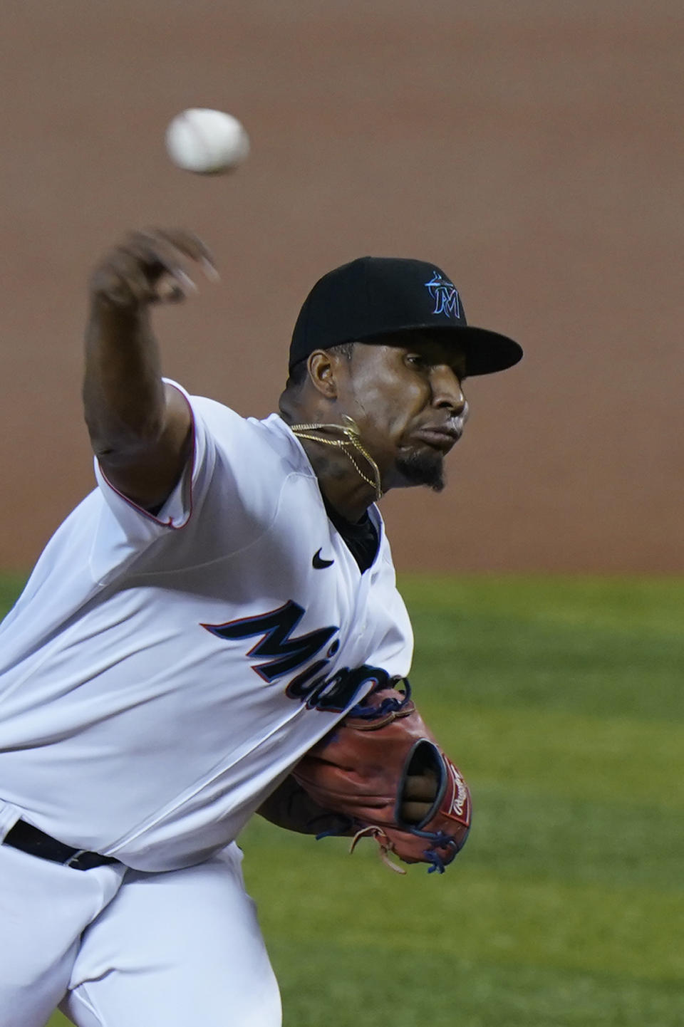 Miami Marlins' Sixto Sanchez pitches during the first inning of the first game of a baseball doubleheader against the Philadelphia Phillies, Sunday, Sept. 13, 2020, in Miami. (AP Photo/Wilfredo Lee)
